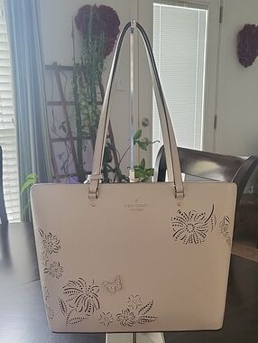 NWT Kate Spade Ivory Laser-Cut Floral Tote with Butterfly Accents